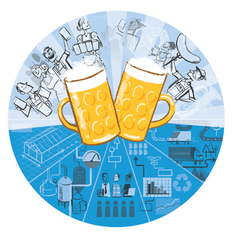 An illustrated image of beer jugs